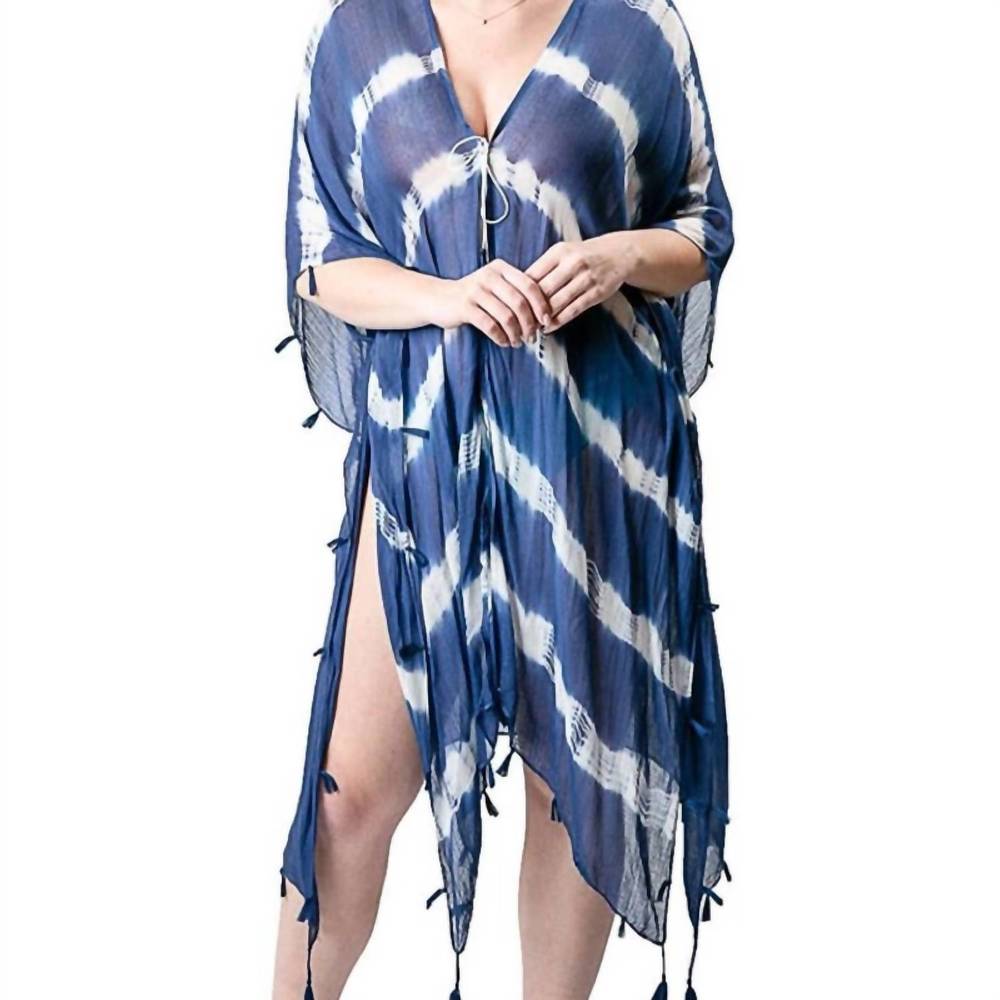NEW TOP IT OFF boho tie dye tassel cover up in navy blue / white